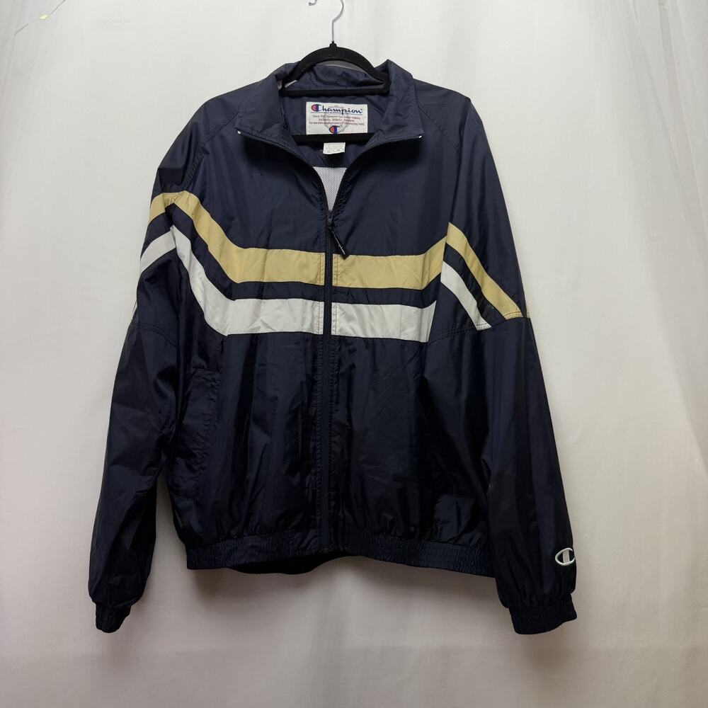 VTG 90s Champion Navy and Stripe Mesh Lined Windbreaker‎ Rain Jacket Mens XL